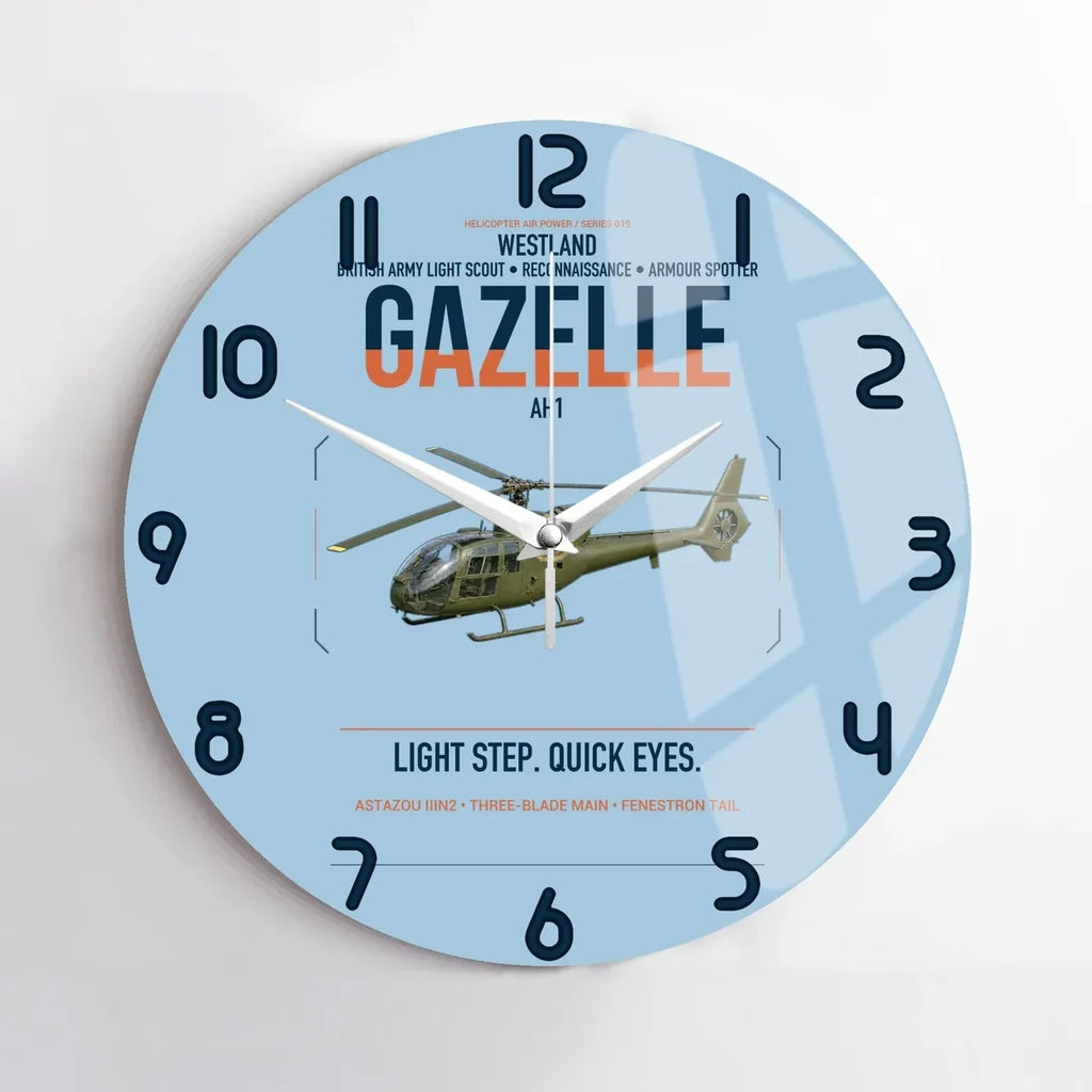 Westland Gazelle AH1 design on light blue no frame wall clock