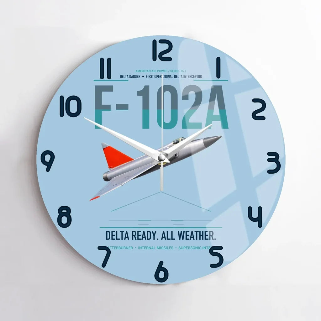 F-102A Delta Dagger design on light blue no frame wall clock