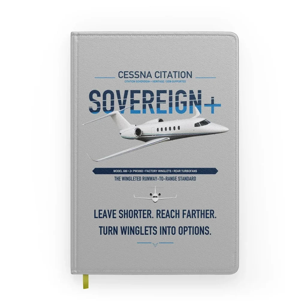 Cessna Citation Sovereign+ design on light gray notebook