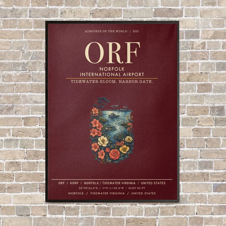 Norfolk International Airport ORF vertical canvas print - framed - dark red background