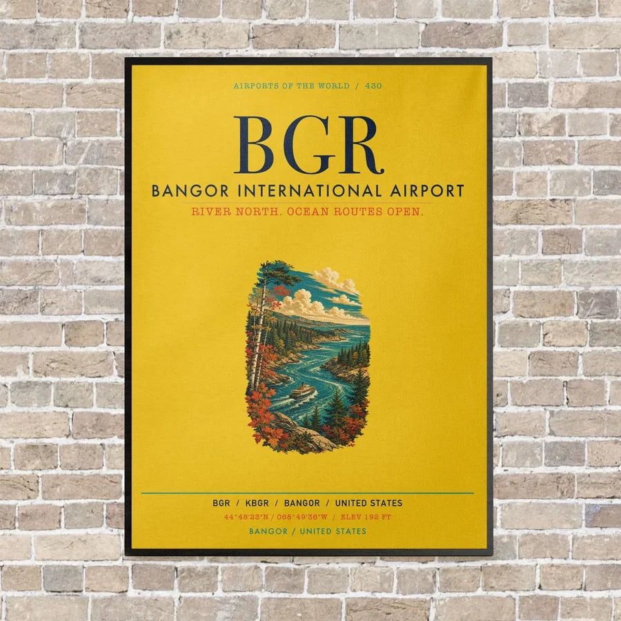 Bangor International Airport BGR vertical canvas print - framed - yellow background