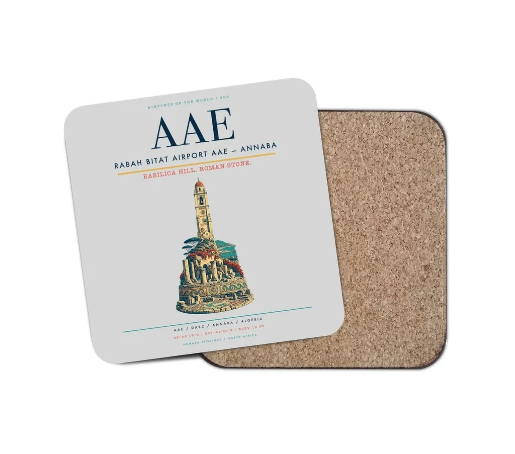 Rabah Bitat Airport (AAE) design on light gray 1 piece coaster