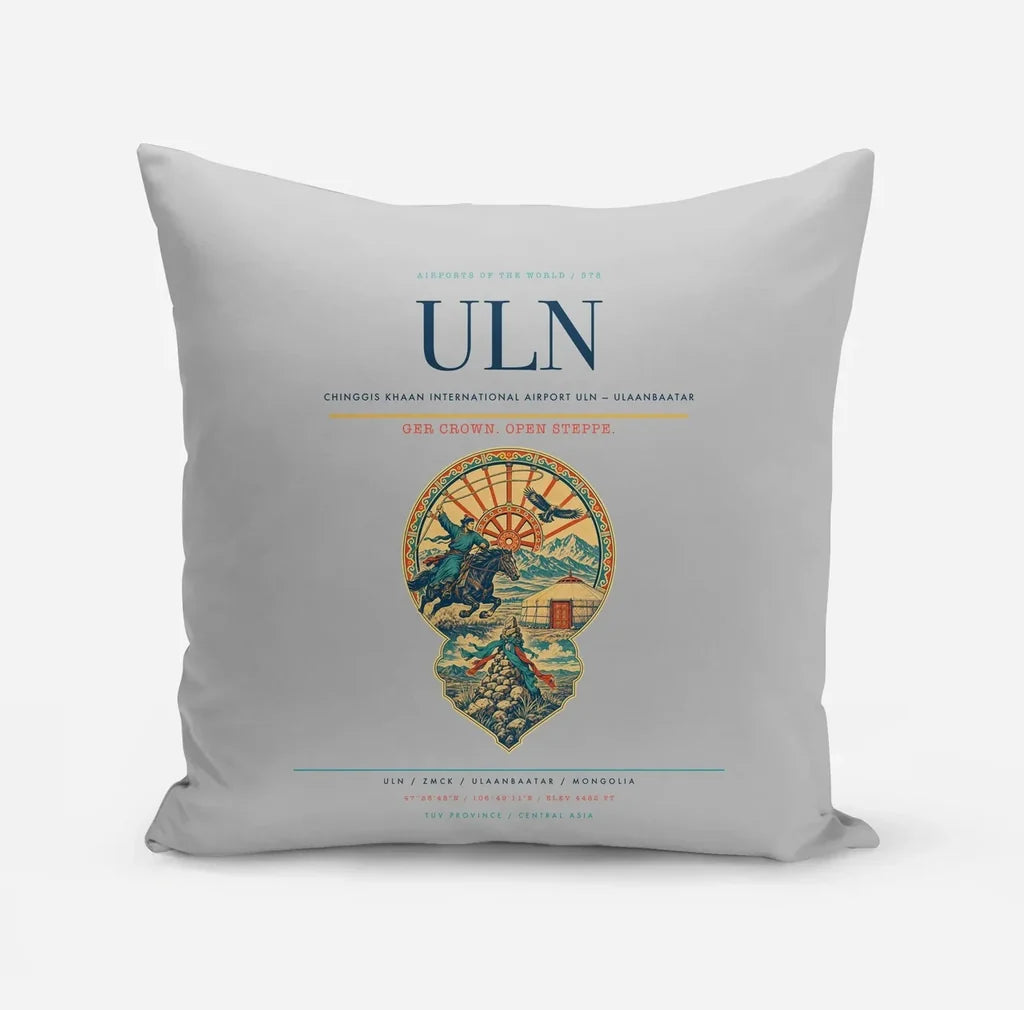 Chinggis Khaan International Airport (ULN) design on light gray pillow