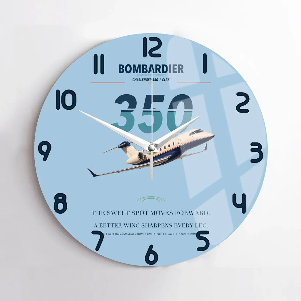 Bombardier Challenger 350 design on light blue no frame wall clock