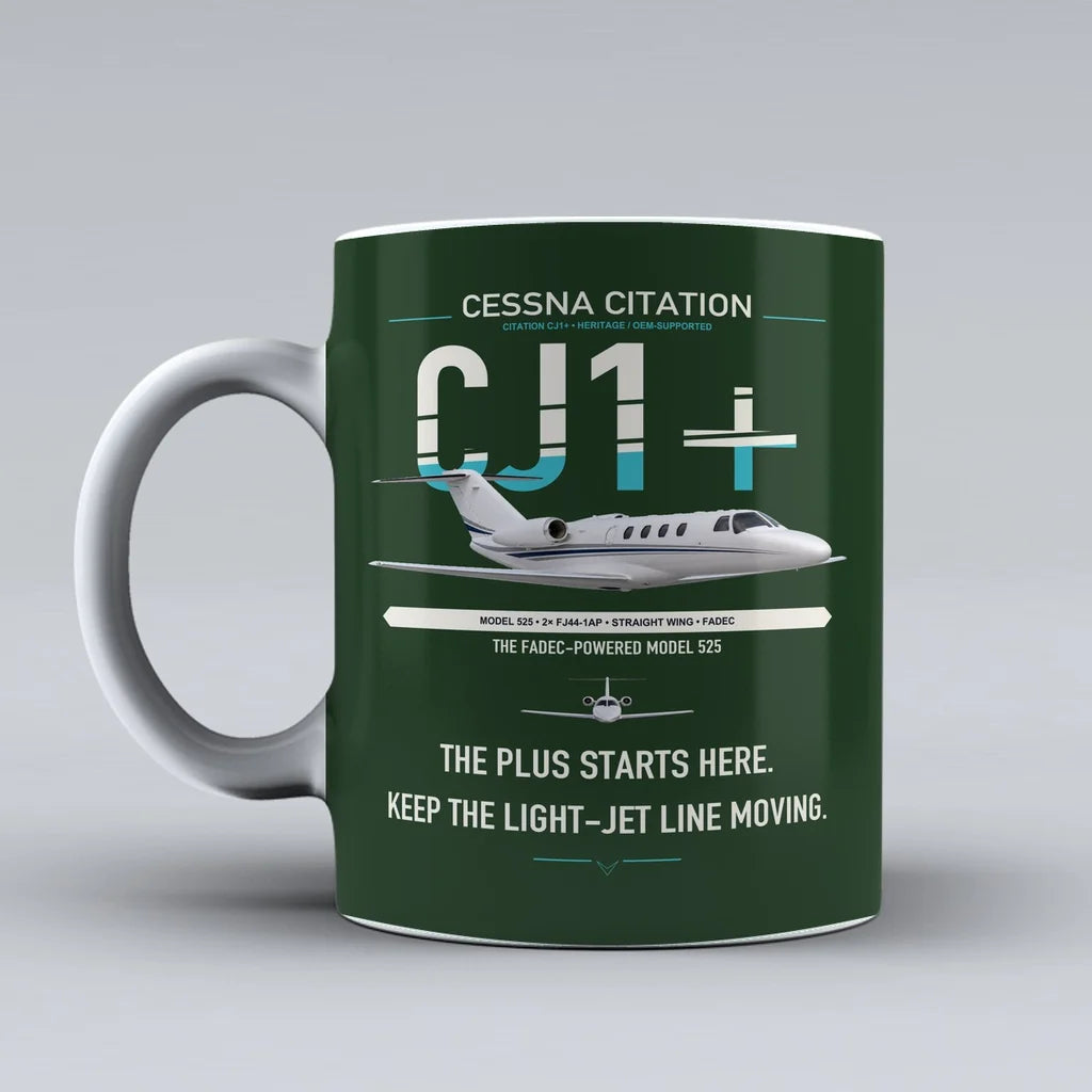 Cessna Citation CJ1+ design on dark green ceramic mug, double-side print