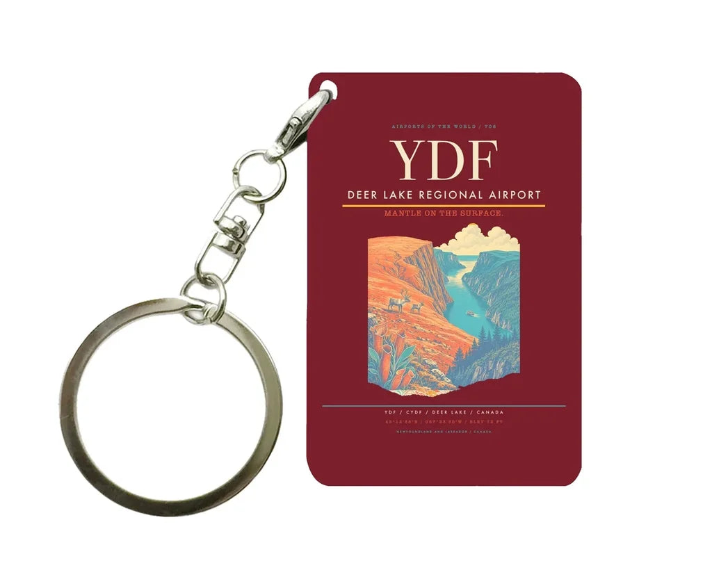 Deer Lake Regional Airport (YDF) design on dark red key chain