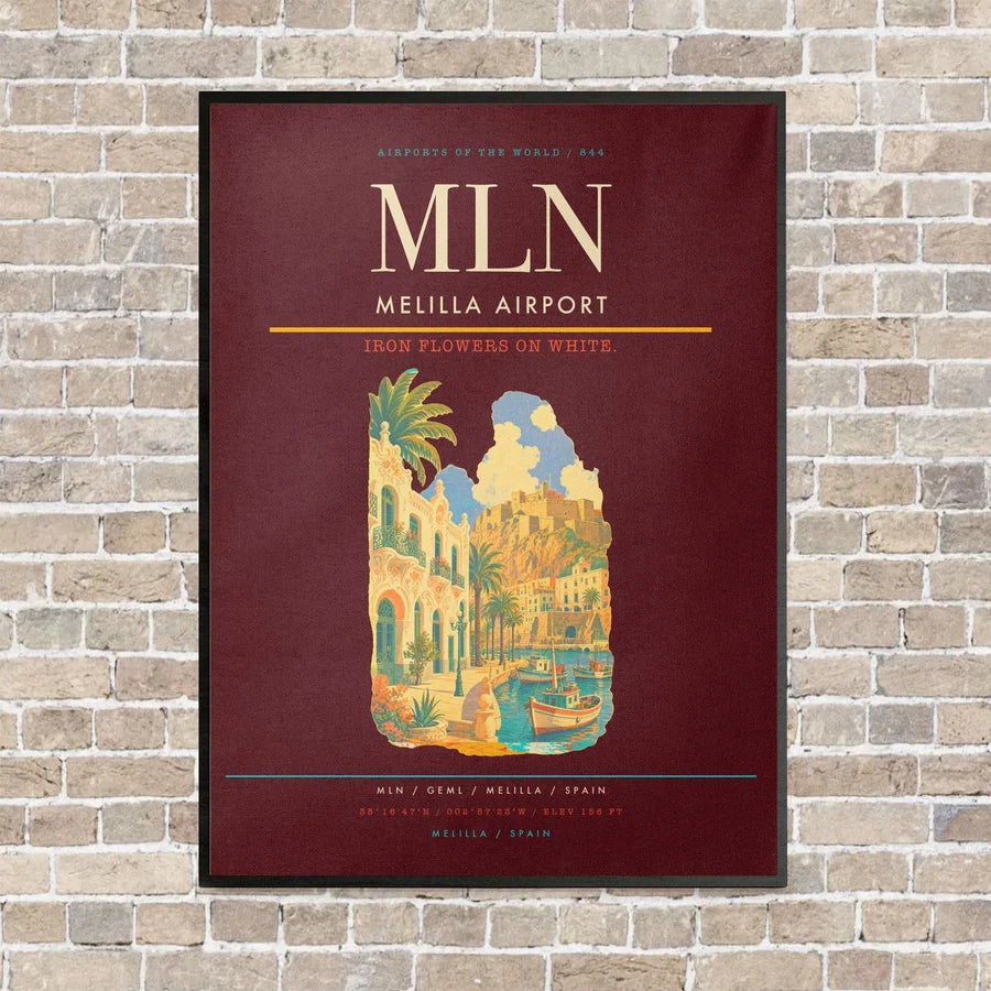 Melilla Airport MLN vertical canvas print - framed - dark red background