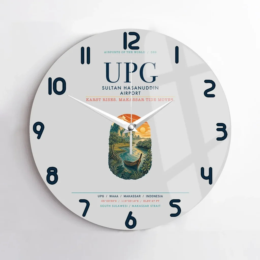 Sultan Hasanuddin Airport (UPG) design on light gray no frame wall clock