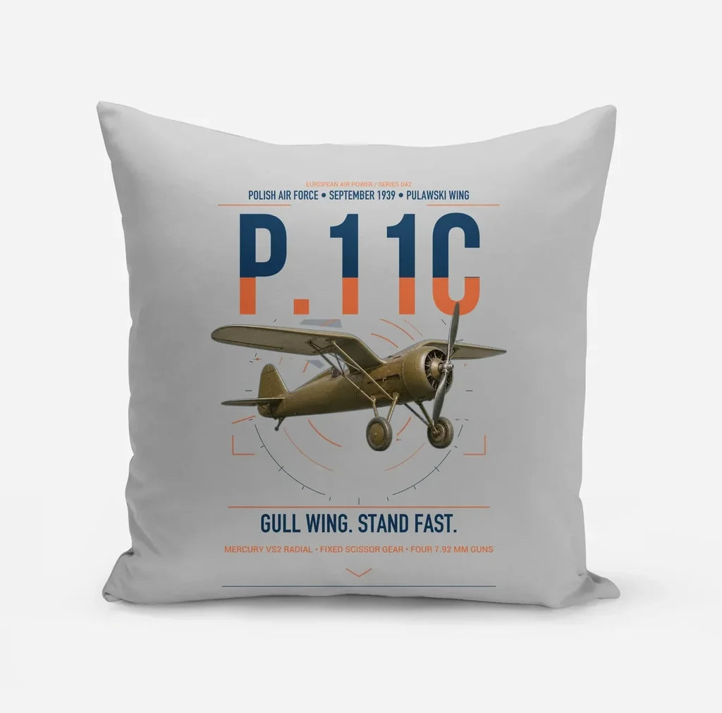 PZL P.11c design on light gray pillow