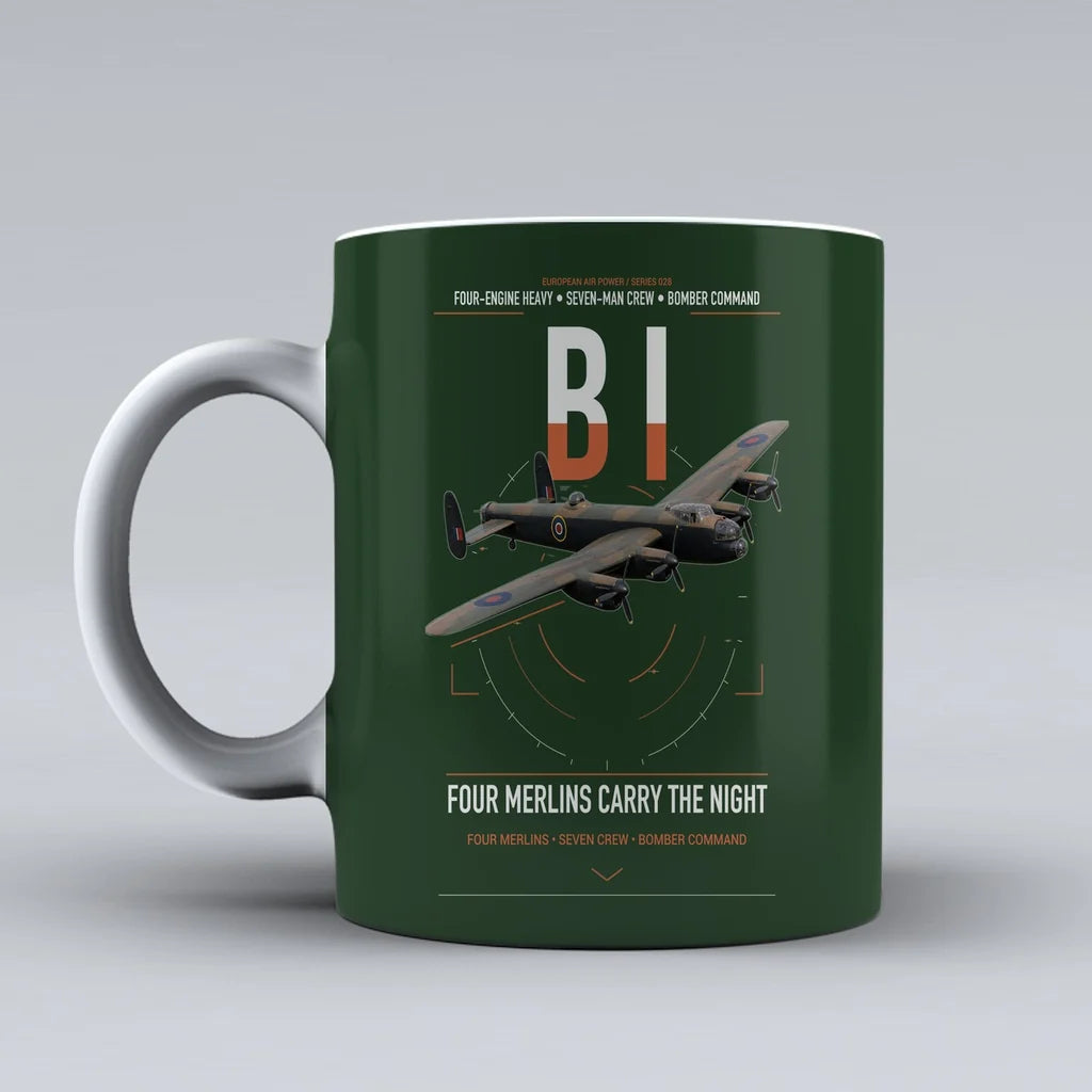 Avro Lancaster B I design on dark green ceramic mug, double-side print