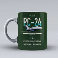 Thumbnail for Pilatus PC-24 design on dark green ceramic mug, double-side print