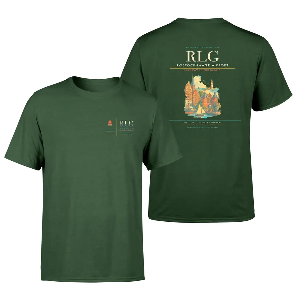 Rostock-Laage Airport (RLG) design printed on dark green double-side t-shirt