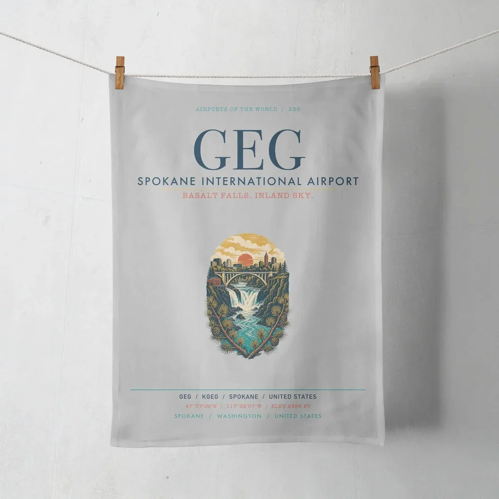 Spokane International Airport (GEG) design on light gray towel