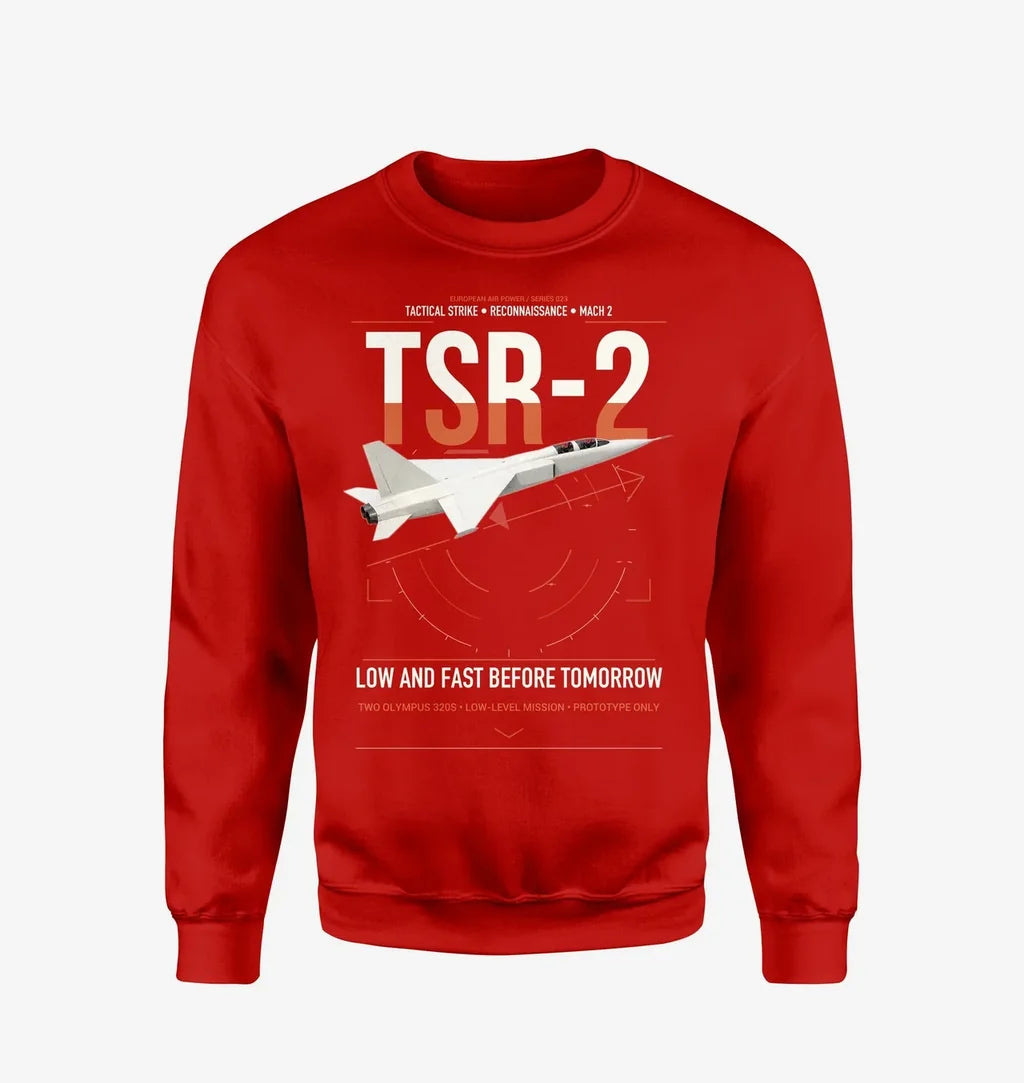 BAC TSR-2 design on red sweatshirt