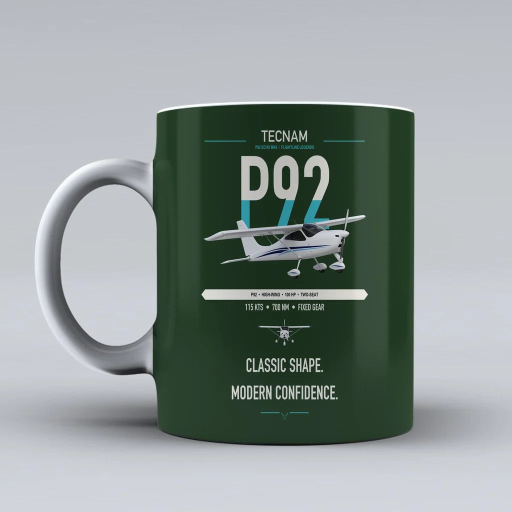 Tecnam P92 Echo MkII design on dark green ceramic mug, double-side print