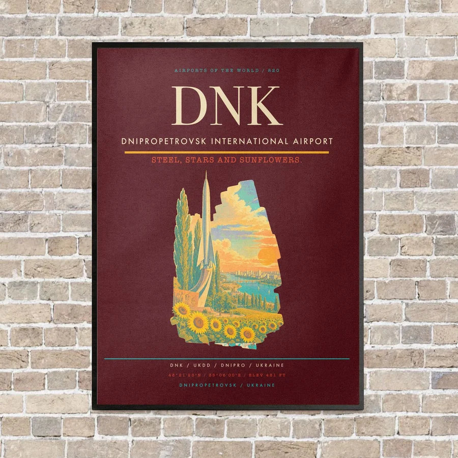 Dnipropetrovsk International Airport DNK vertical canvas print - framed - dark red background