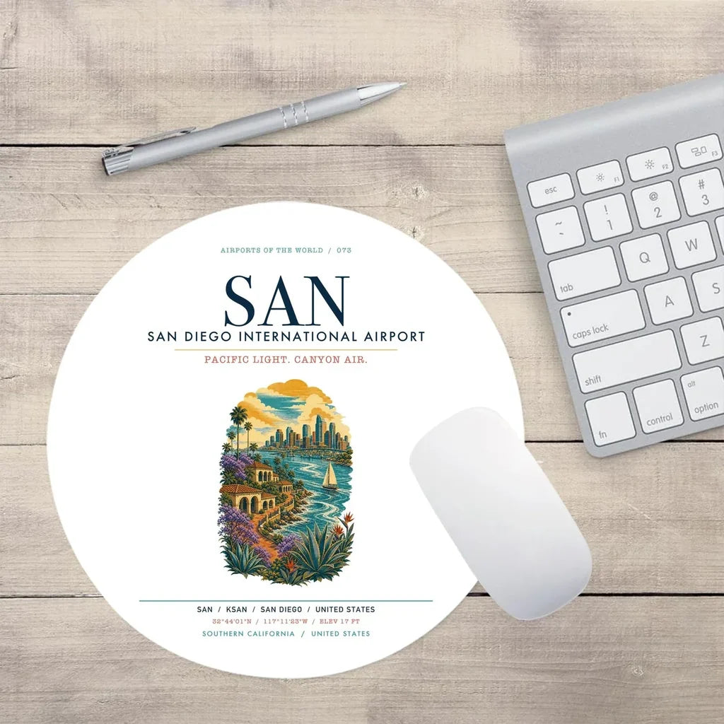 San Diego International Airport (SAN) design on white round mouse pad