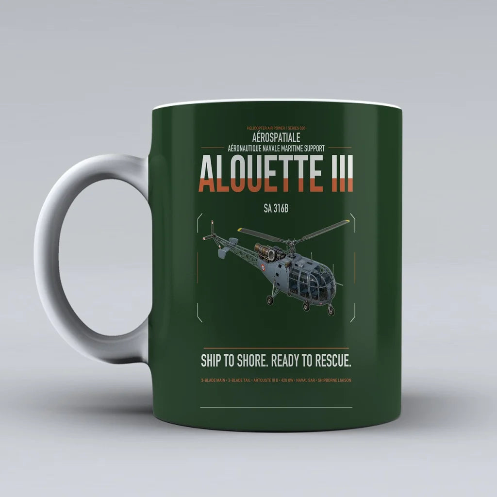 Aérospatiale SA 316B Alouette III design on dark green ceramic mug, double-side print