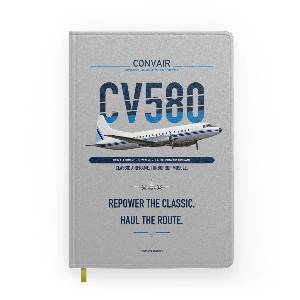 Convair 580 design on light gray notebook