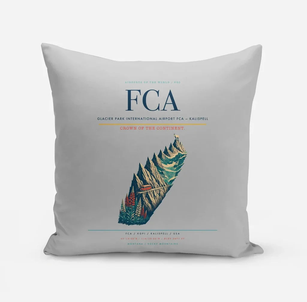 Glacier Park International Airport (FCA) design on light gray pillow