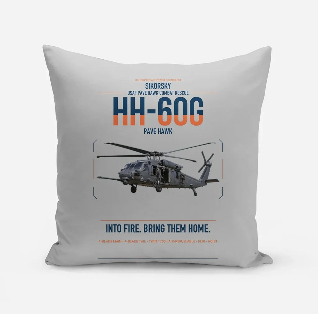 Sikorsky HH-60G Pave Hawk design on light gray pillow