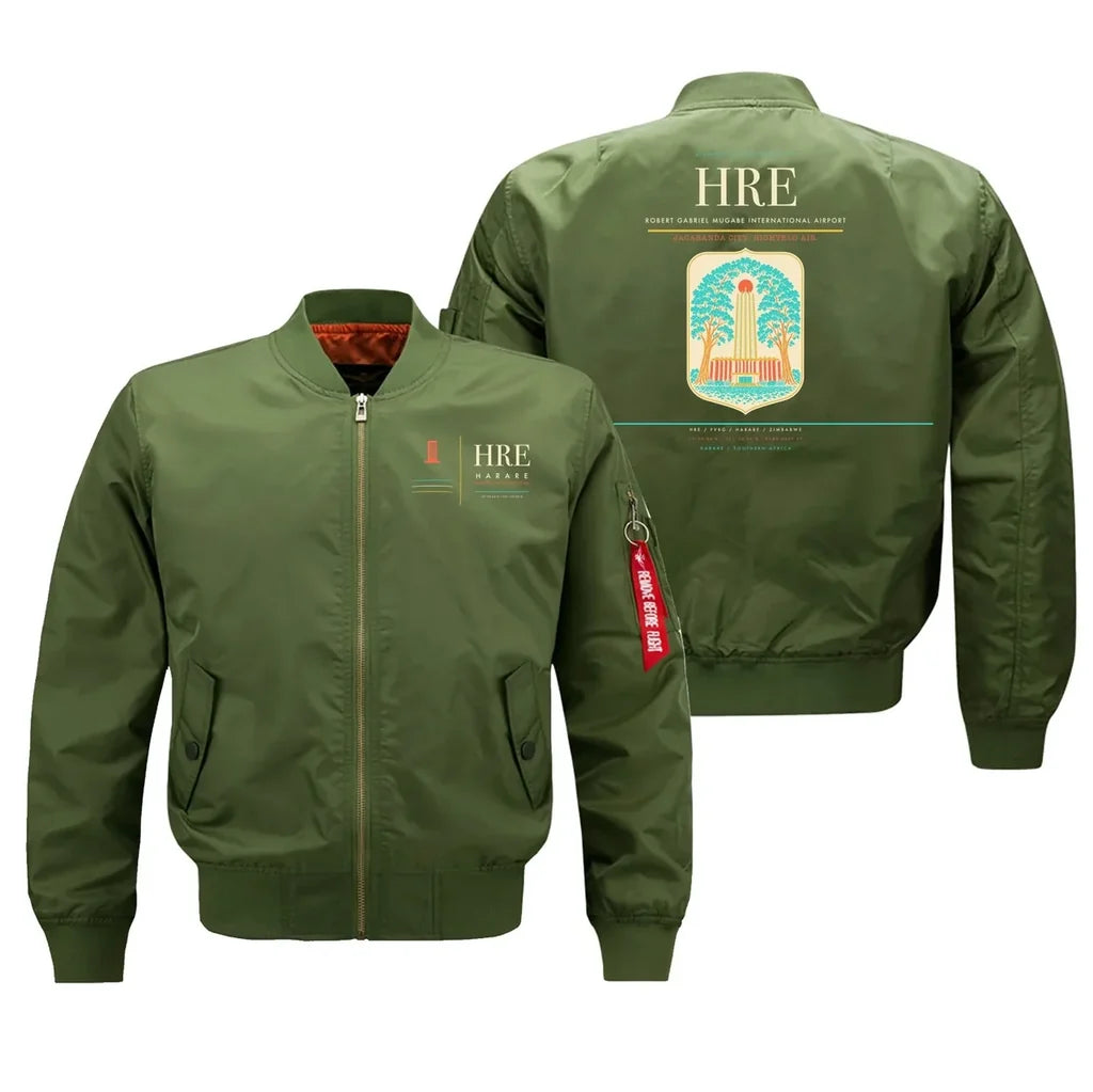 Robert Gabriel Mugabe International Airport (HRE) design on green bomber jacket