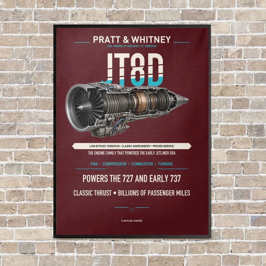 JT8D vertical canvas print - framed - dark red background