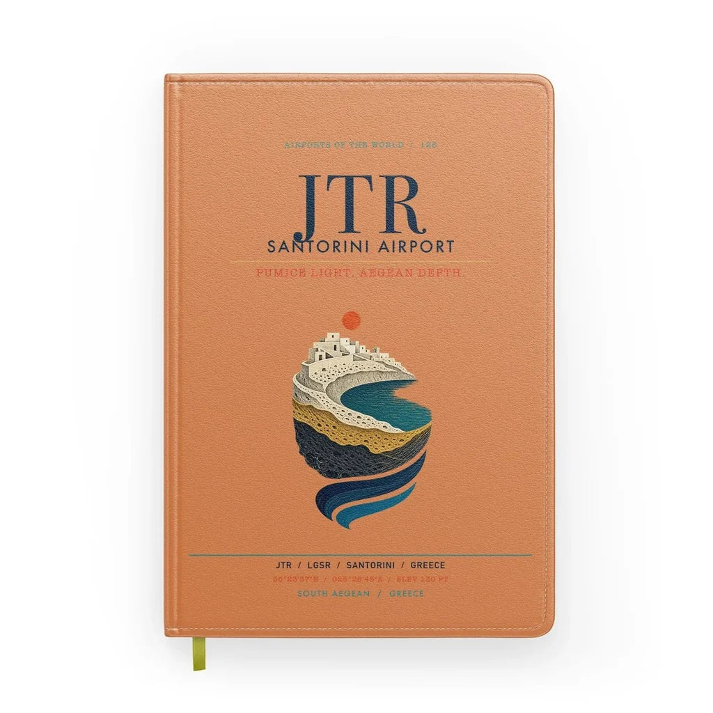 Santorini Airport (JTR) design on orange notebook