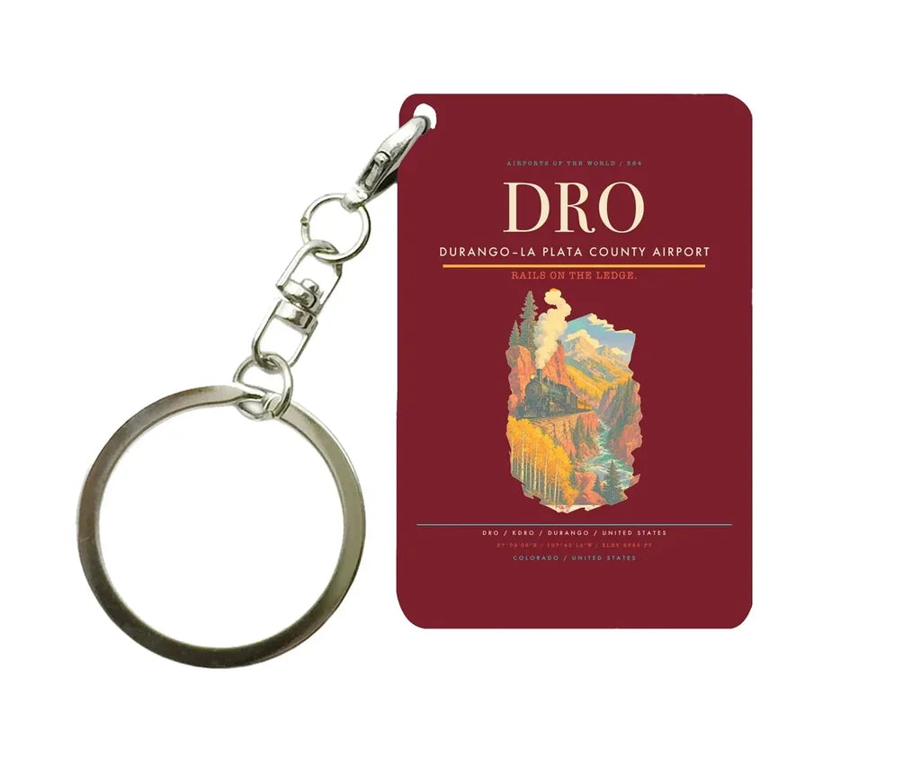 Durango–La Plata County Airport (DRO) design on dark red key chain
