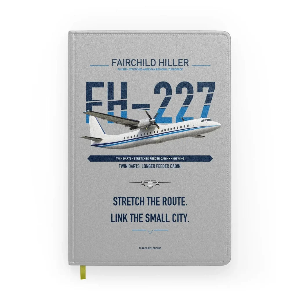 Fairchild Hiller FH-227B design on light gray notebook