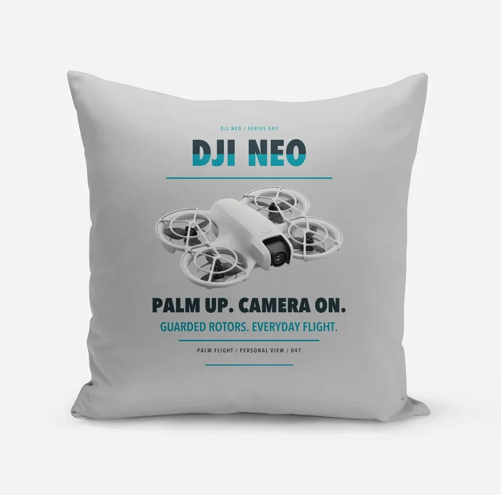 DJI Neo design on light gray pillow