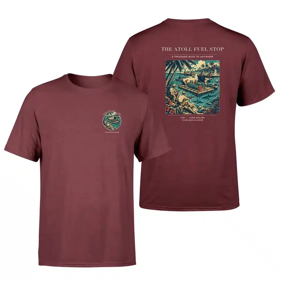 VINTAGE G4069 - The Atoll Fuel Stop - Double-Side T-Shirt design on darkred double side t shirt