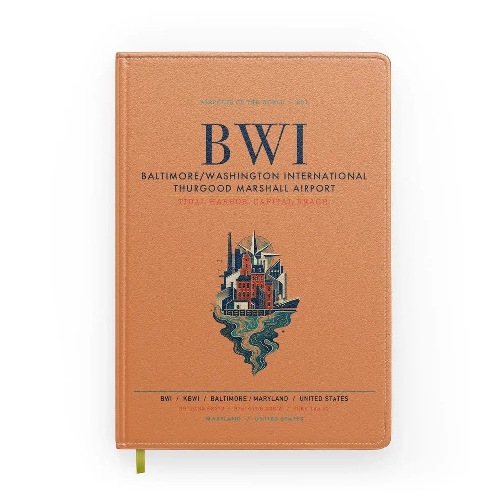 Baltimore-Washington International Thurgood Marshall Airport (BWI) design on orange notebook