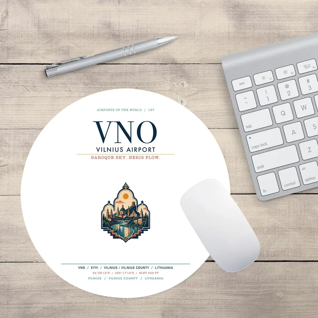 Vilnius Airport (VNO) design on white round mouse pad