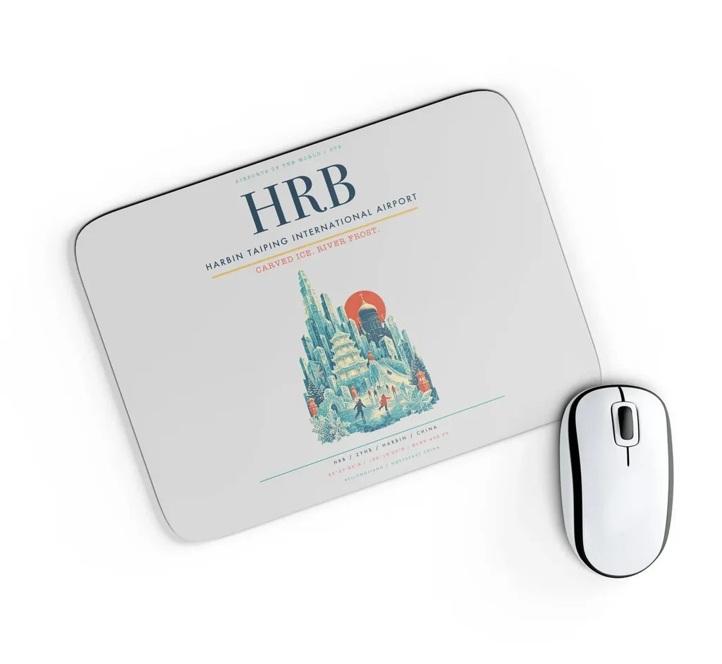 Harbin Taiping International Airport (HRB) design on light gray rectangle mouse pad
