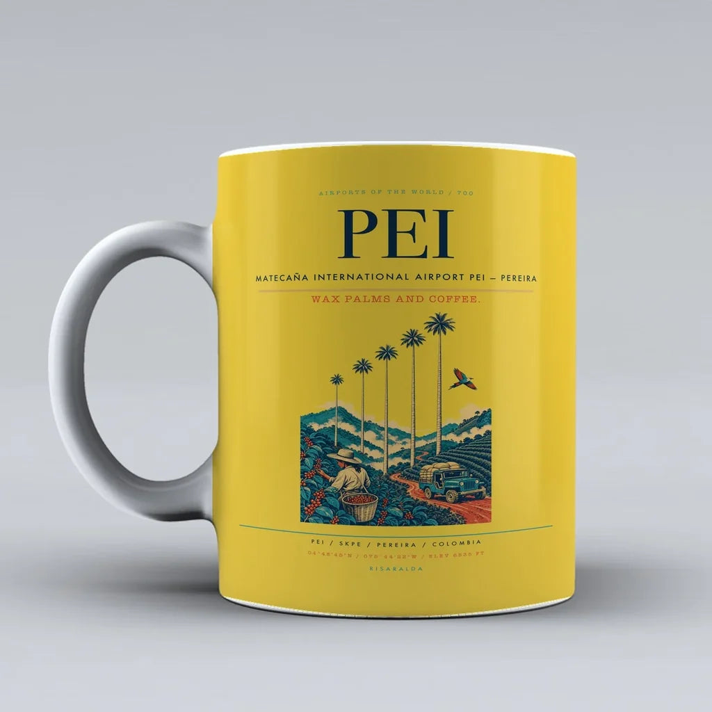 Matecaña International Airport (PEI) airport code design on yellow ceramic mug