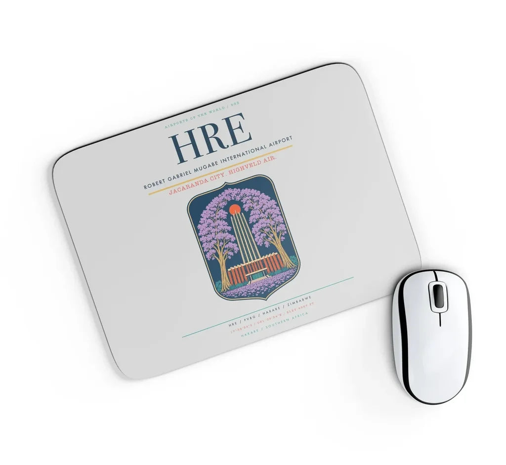 Robert Gabriel Mugabe International Airport (HRE) design on light gray rectangle mouse pad