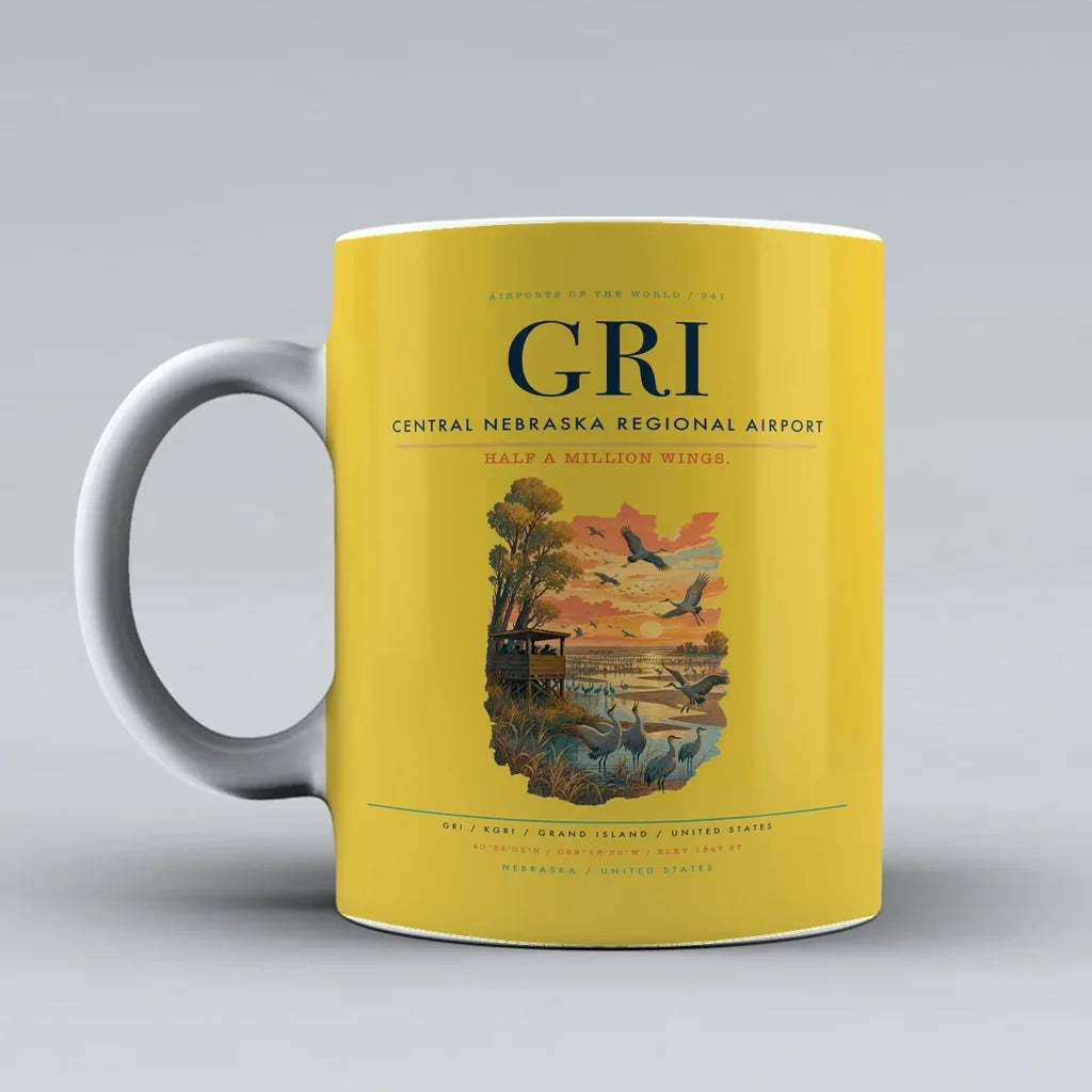 Central Nebraska Regional Airport (GRI) airport code design on yellow ceramic mug