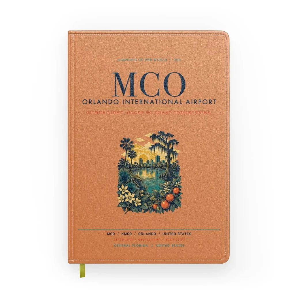 Orlando International Airport (MCO) design on orange notebook