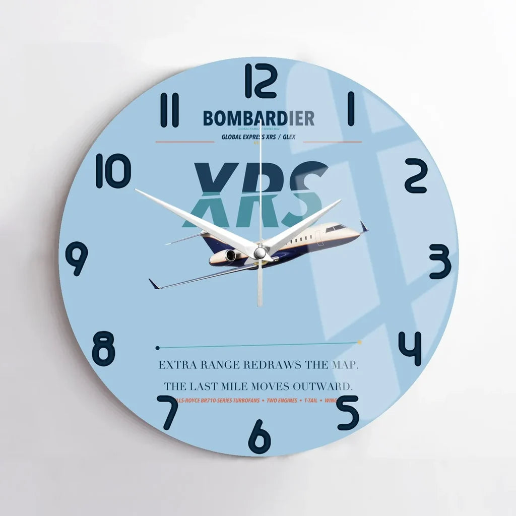 Bombardier Global Express XRS design on light blue no frame wall clock