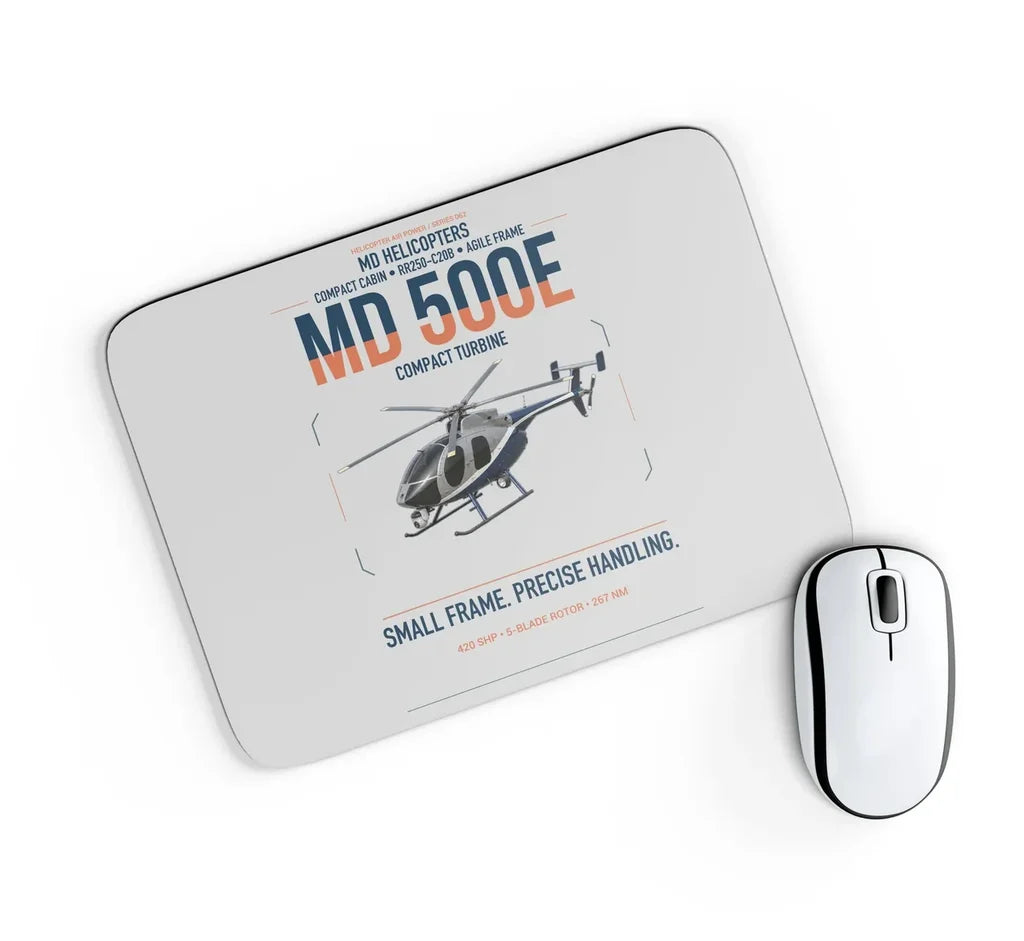 MD Helicopters MD 500E design on light gray rectangle mouse pad