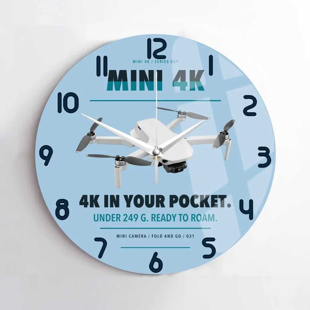 DJI Mini 4K design on light blue no frame wall clock