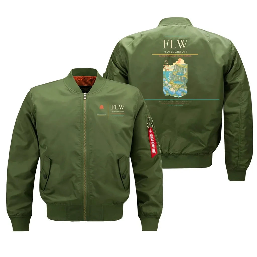 Flores Airport (FLW) design on green bomber jacket