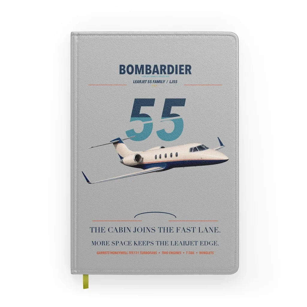Bombardier Learjet 55 design on light gray notebook