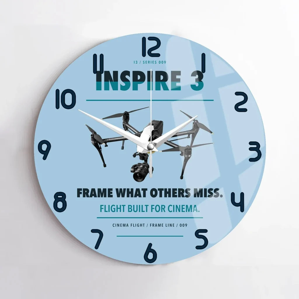 DJI Inspire 3 design on light blue no frame wall clock