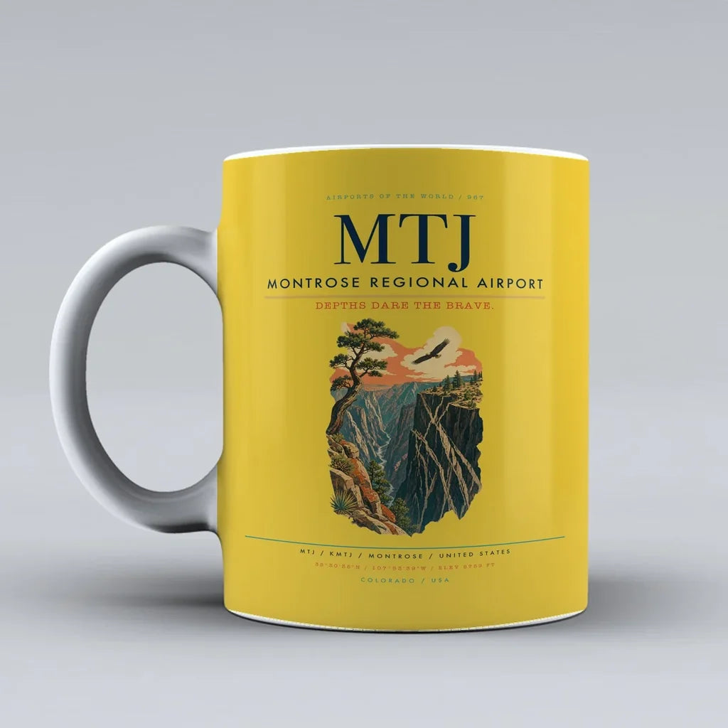 Montrose Regional Airport (MTJ) airport code design on yellow ceramic mug