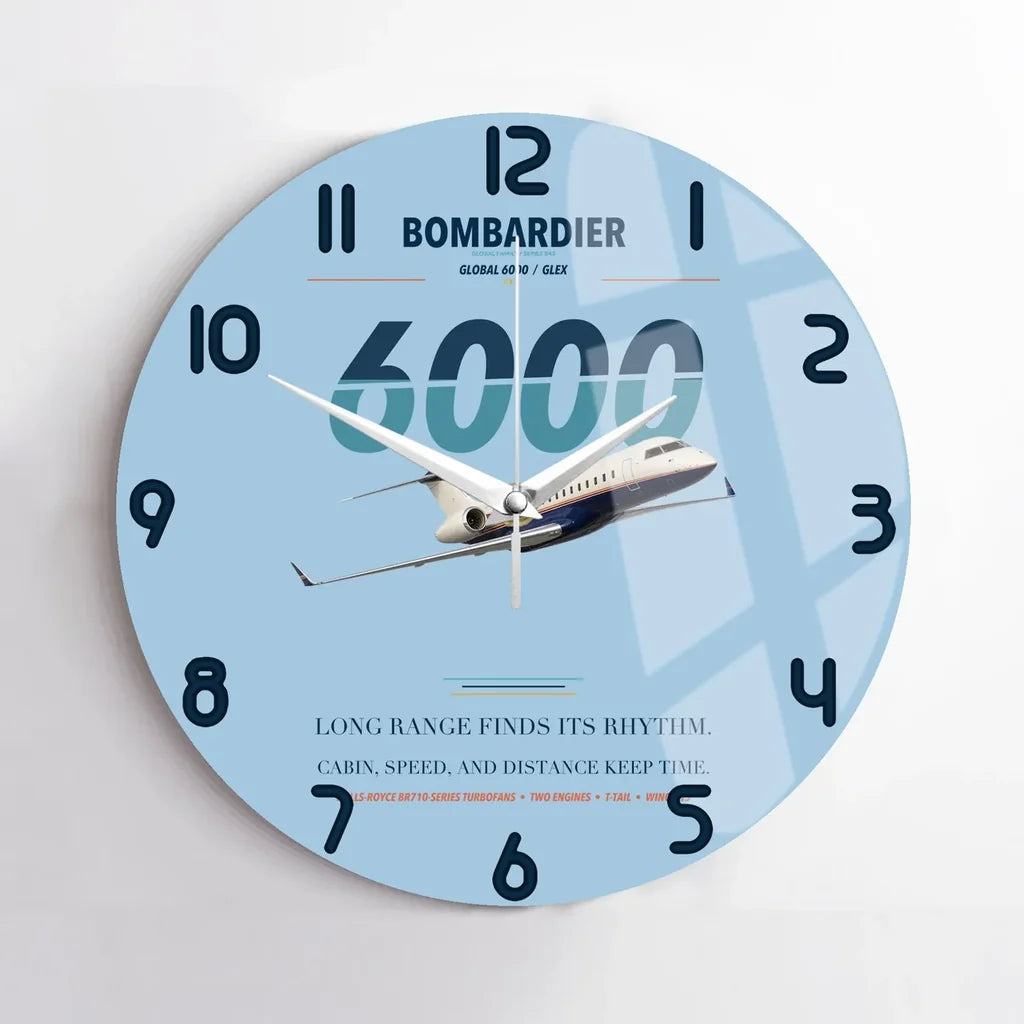 Bombardier Global 6000 design on light blue no frame wall clock