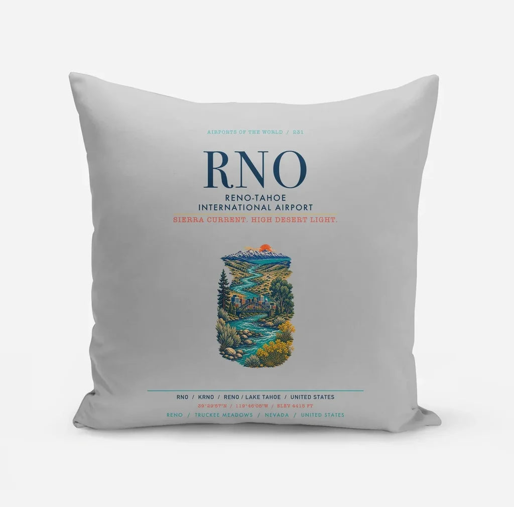 Reno-Tahoe International Airport (RNO) design on light gray pillow