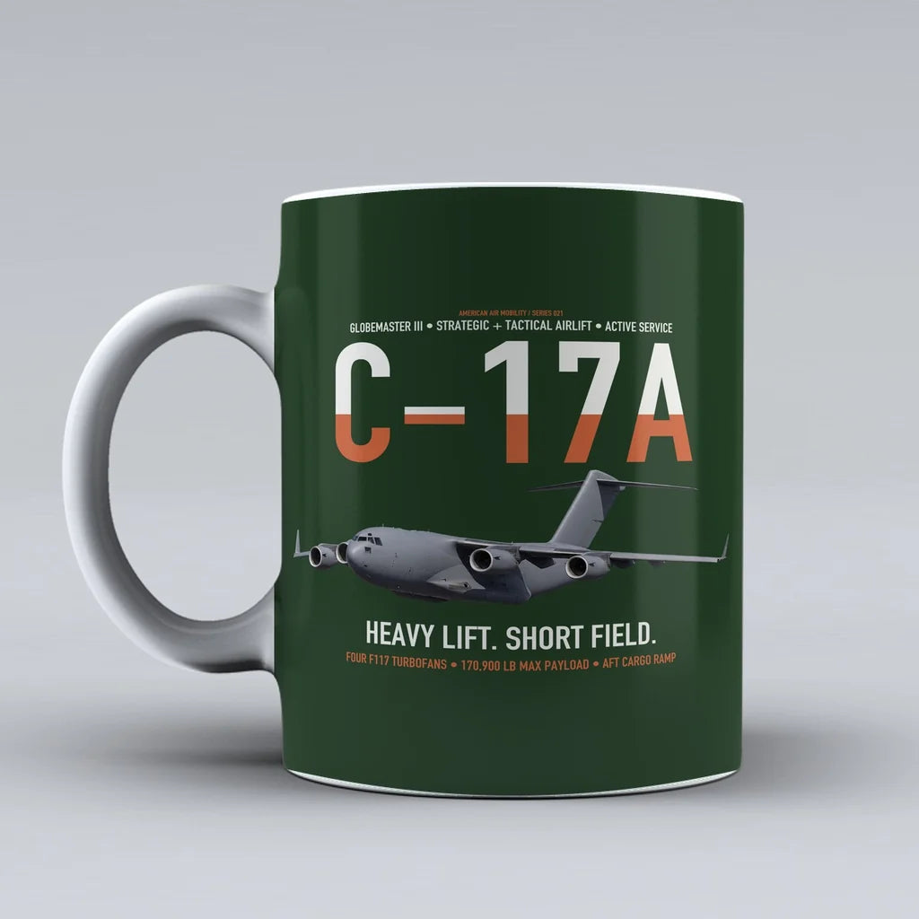 C-17A Globemaster III design on dark green ceramic mug, double-side print