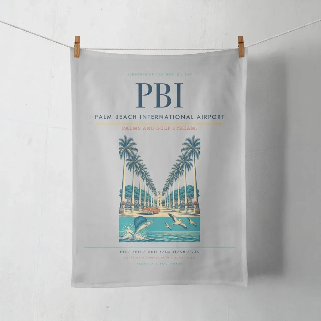 Palm Beach International Airport (PBI) design on light gray towel